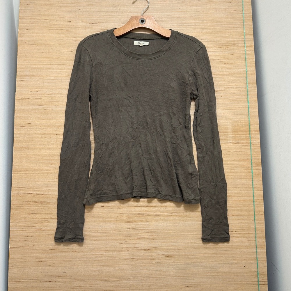 Madewell Womens Ribbed Long Sleeve Crew Neck Tee Olive Brown Slim Fit Size‎ M